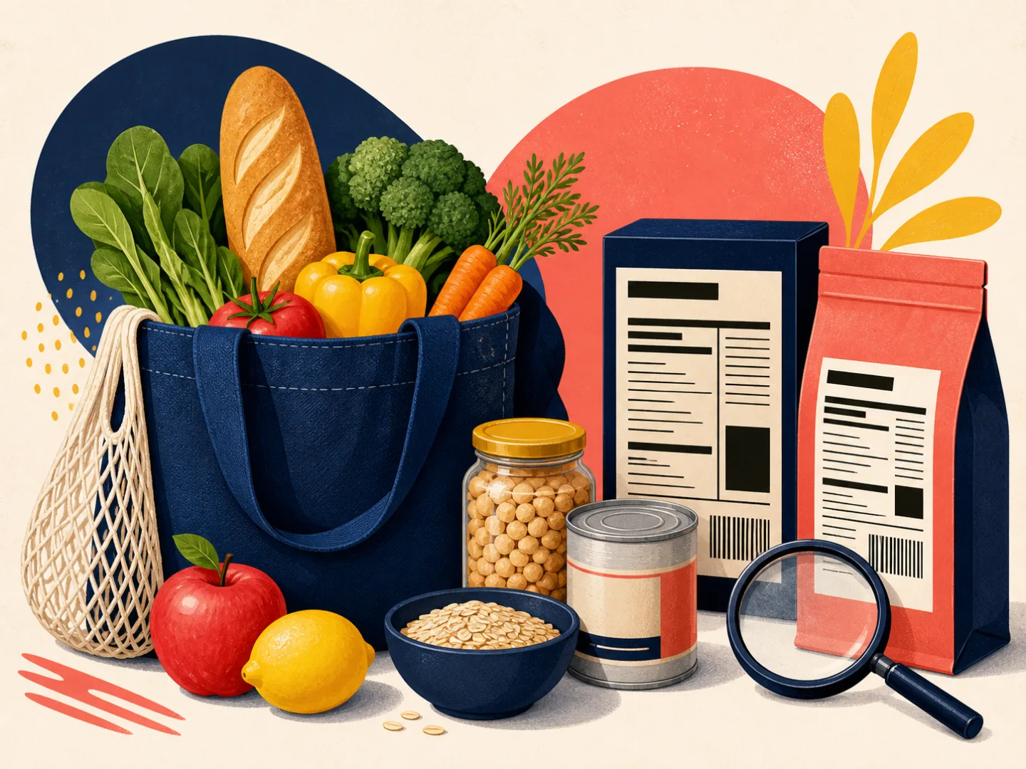 Illustrated grocery bag and unbranded label-reading tools