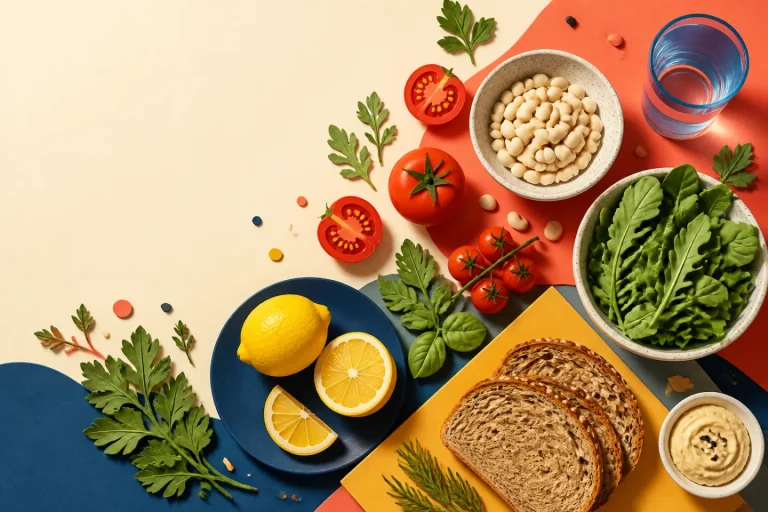 Illustrated everyday ingredients arranged on colorful surfaces