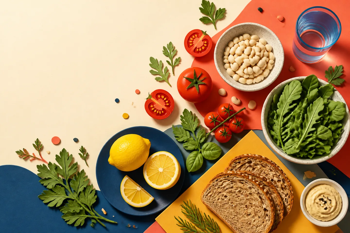 Illustrated everyday ingredients arranged on colorful surfaces