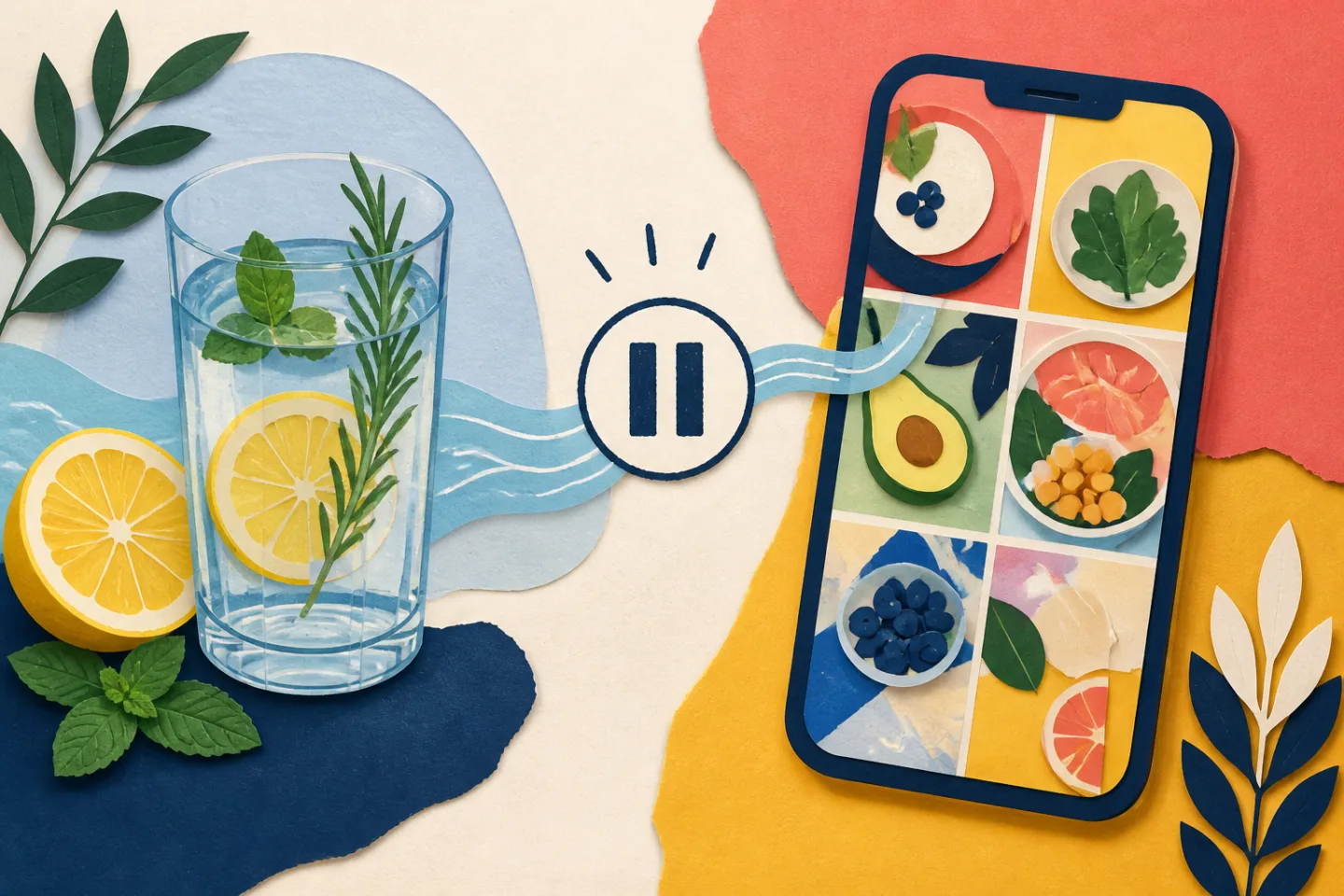 Illustrated water glass and a phone with abstract food images