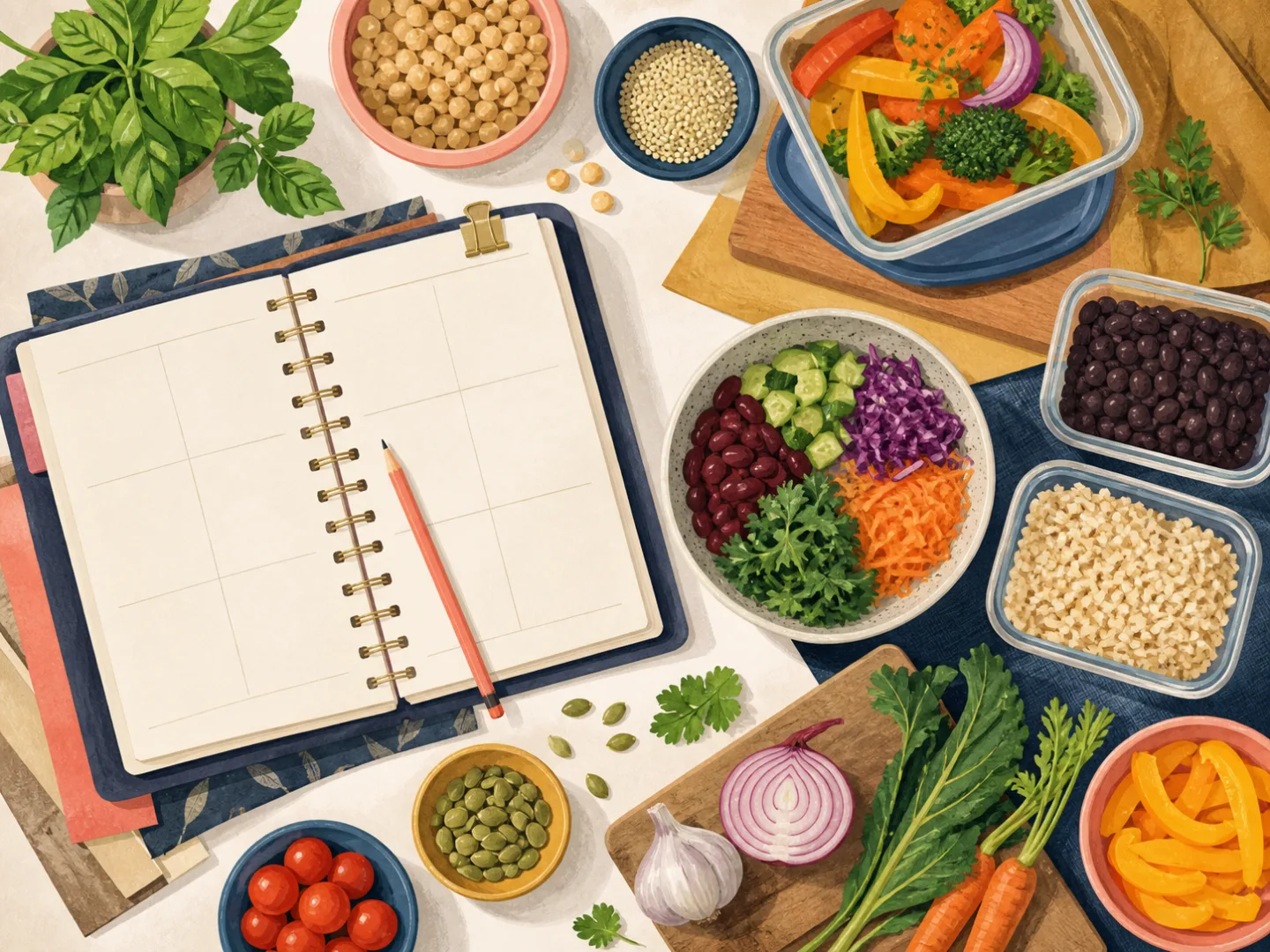 Illustrated blank planner surrounded by flexible meal ingredients